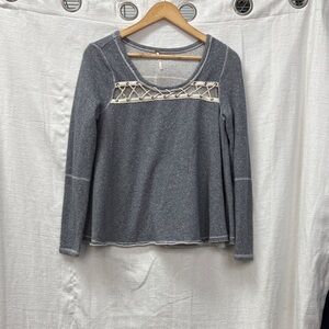 Free People Terry Gray Striped Long Sleeve Women's Top, Oversized Extra Small